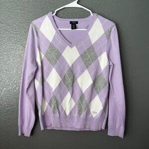 IZOD Women’s Argyle Sweater – Lavender Purple V-Neck Pullover – Size Large